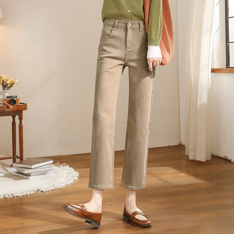 九分直筒牛仔裤女卡其色烟管裤子窄版2025春季新款显瘦高腰小个子