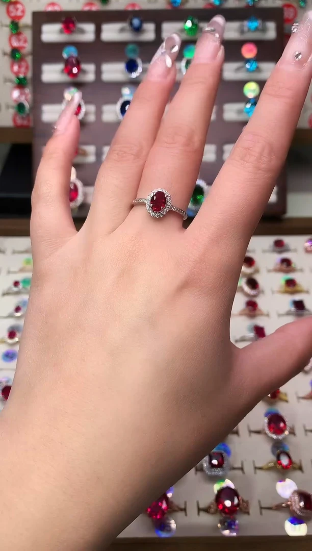 银S925镶嵌戒指红宝石5*7 酒红 银托