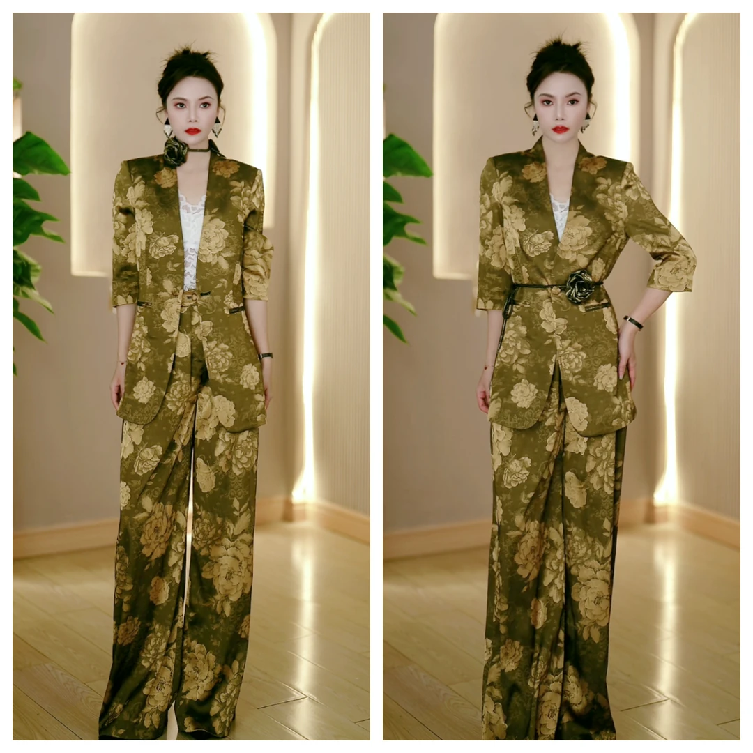 阔腿裤简约通勤西装印花女装高腰休闲风复古时尚套装静奢风