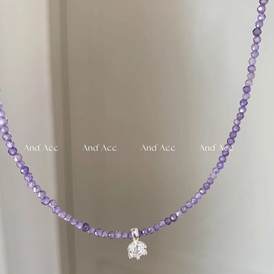 钛钢项链 紫色串珠项链爆闪锆石纯手工颈链吊坠ins风锁骨链女精致