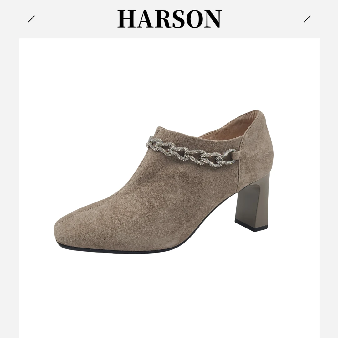 Harson/哈森水钻拉链高跟尖头百搭简约气质秋季时尚226022粗跟