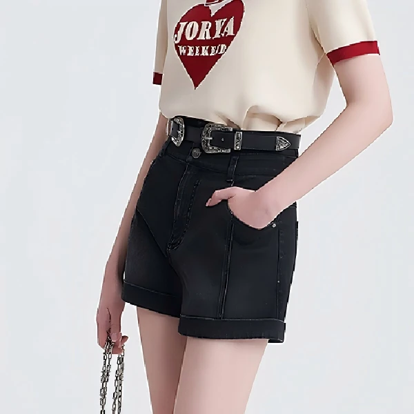 卓雅周末夏新款尤莱特翻边双腰头高腰阔腿短款牛仔裤EJWEBW09