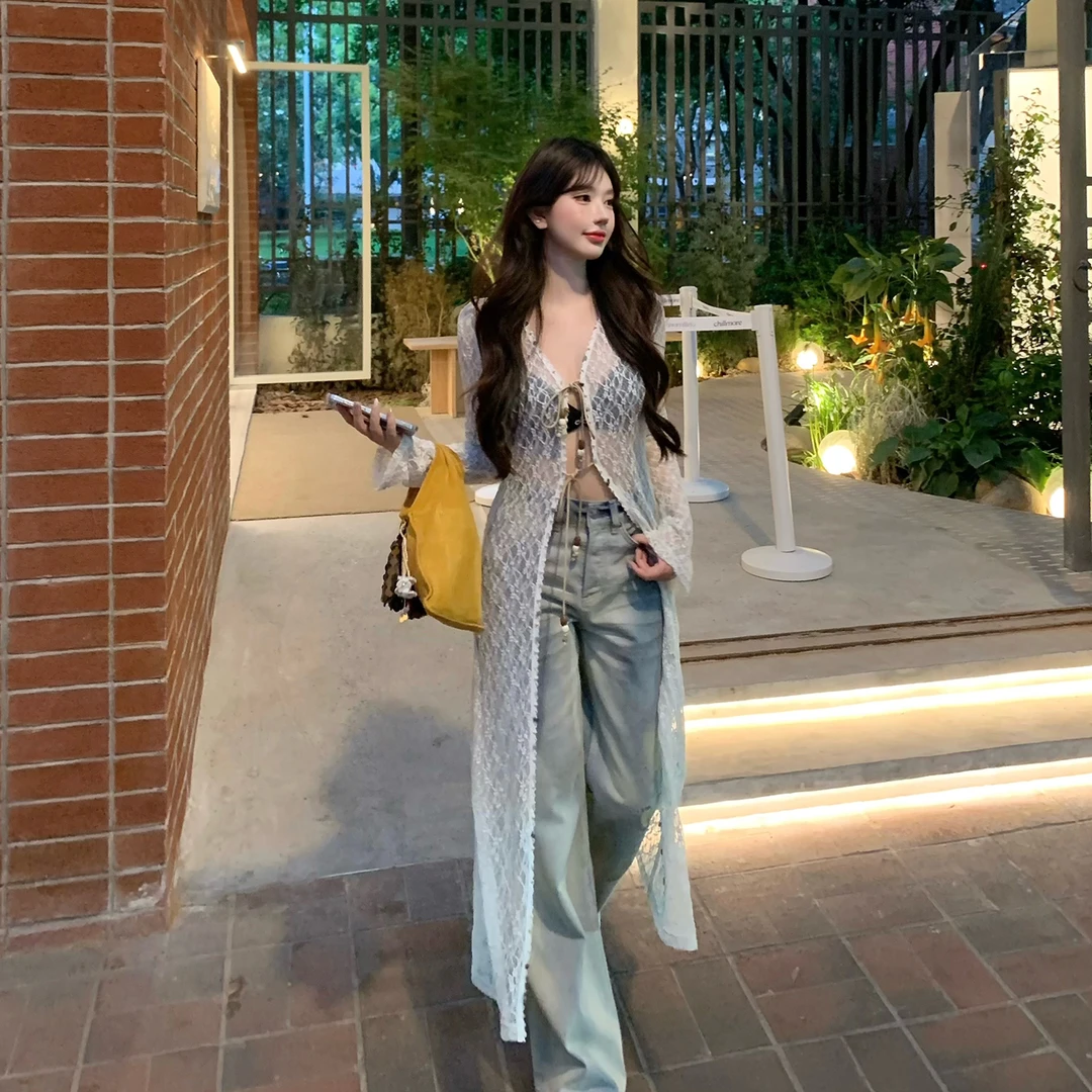 【西西里假日】定制烫染彩石蕾丝花边超长开衫配显瘦高腰休闲裤套装