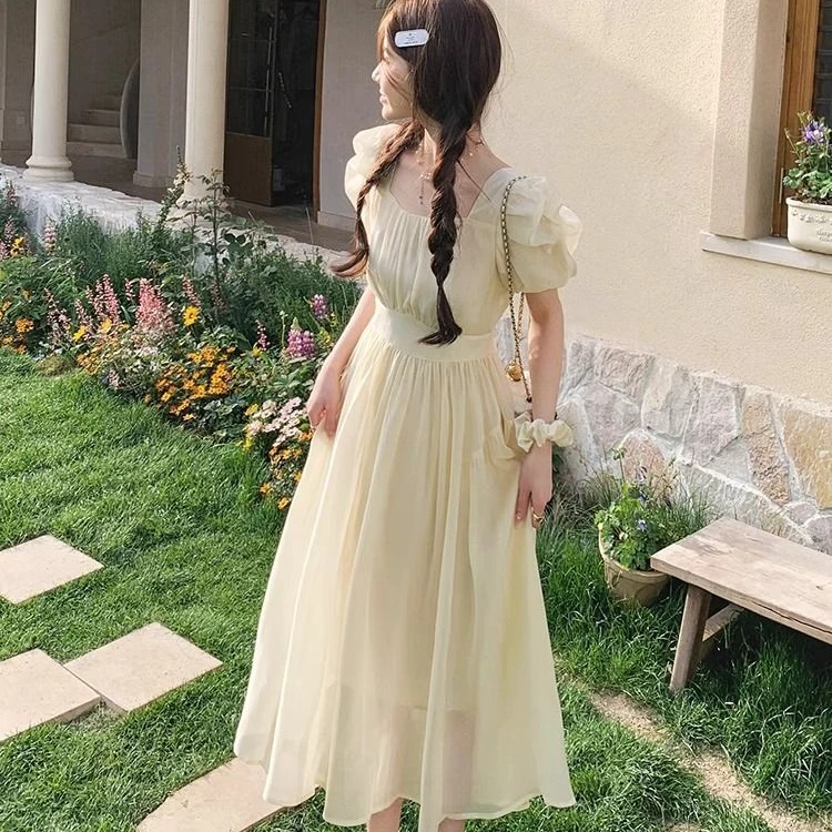 显瘦仙女裙女中长款2025夏新款法式甜美温柔风泡泡袖连衣裙A字裙