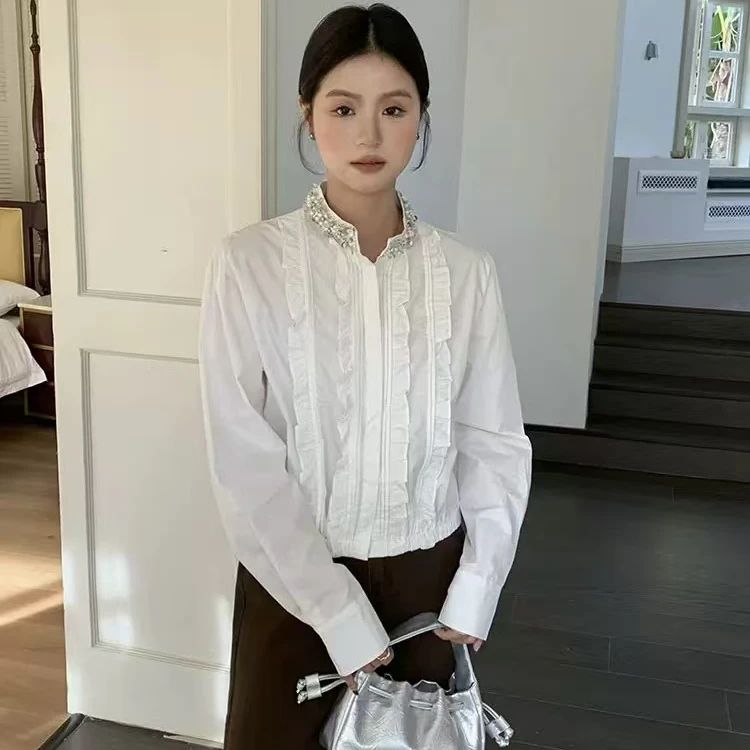 年法式设计感上衣甜美荷叶边镶钻圆领衬衫花边短款宽松娃娃衫9236