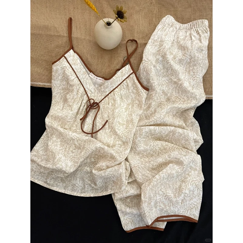 复古新中式棉麻高级感吊带睡衣套装女春夏季新款大码家居服两件套