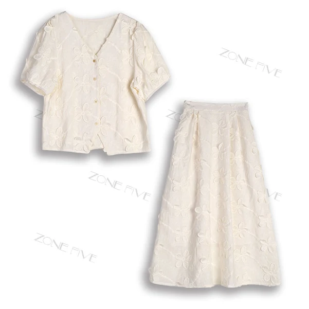 重工钉珠刺绣套装夏蕾丝半身裙名媛风镂空两件套