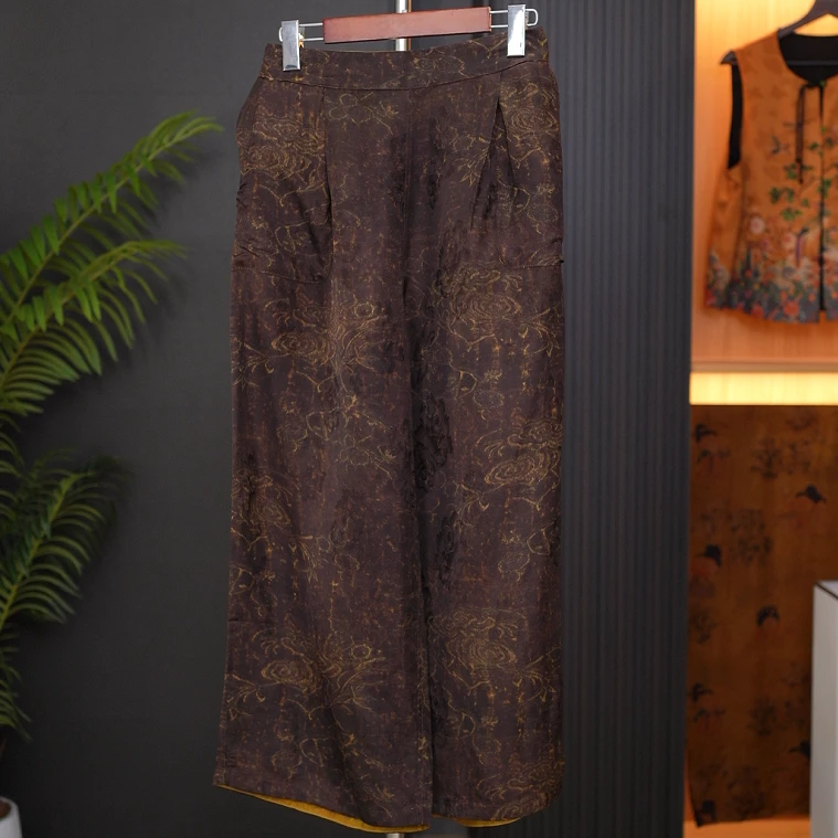 【霜词】双面穿国风新中式香云纱老料提花气质设计款复古直筒裤