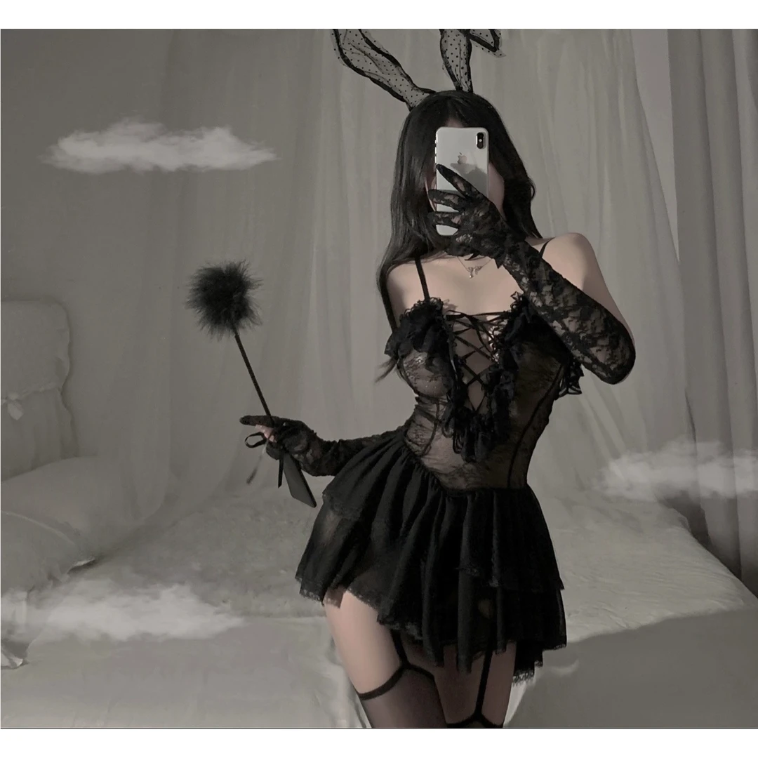 【蕾丝睡裙镂空黑色吊带裙】暗黑系新款大码性感女睡衣网红辣妹睡袍