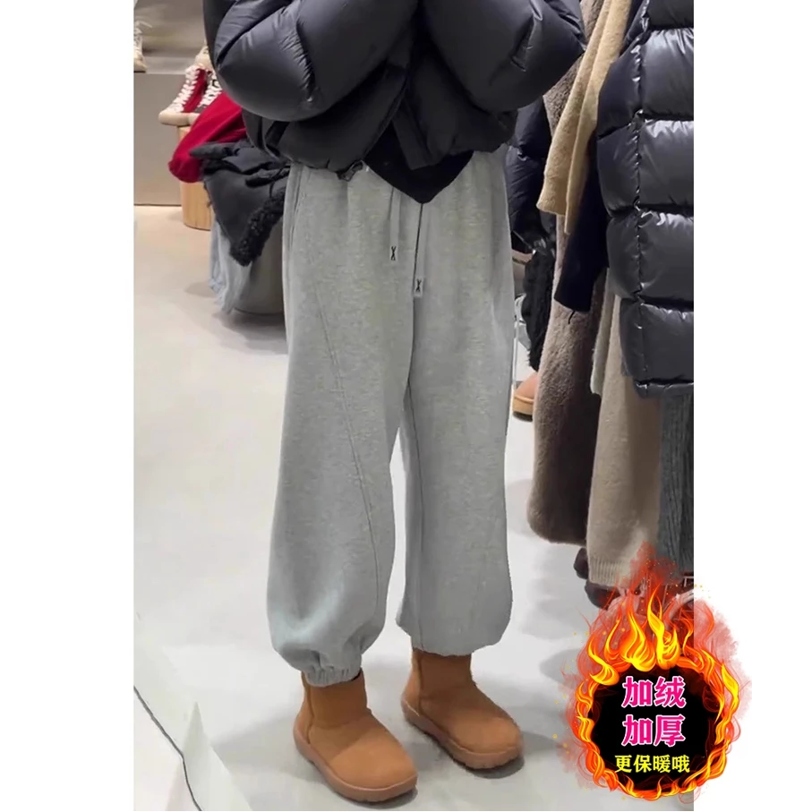 灰色大码加绒直筒束脚裤女2025秋冬新款高腰宽松显瘦九分休闲卫裤