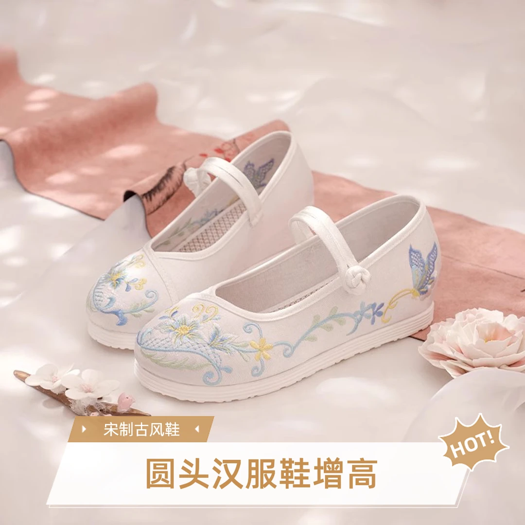 汉服鞋增高圆头白色百搭宋制古风鞋女绣花鞋淡雅茶艺旗袍鞋春新款