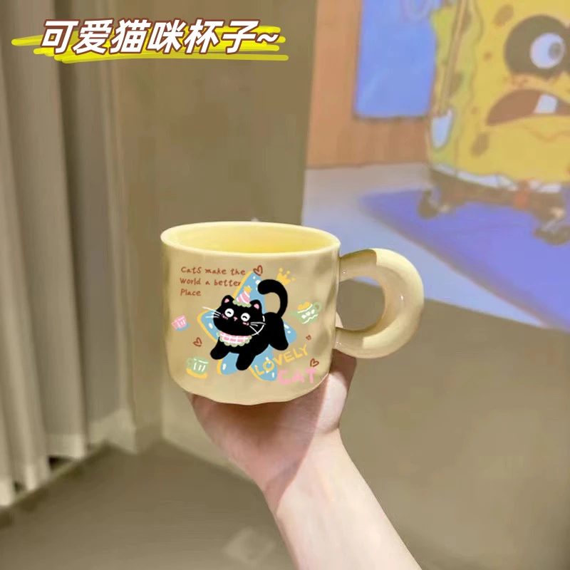 小黑猫可爱创意优雅简约卡通马克杯陶瓷杯可爱杯子带盖2025新款