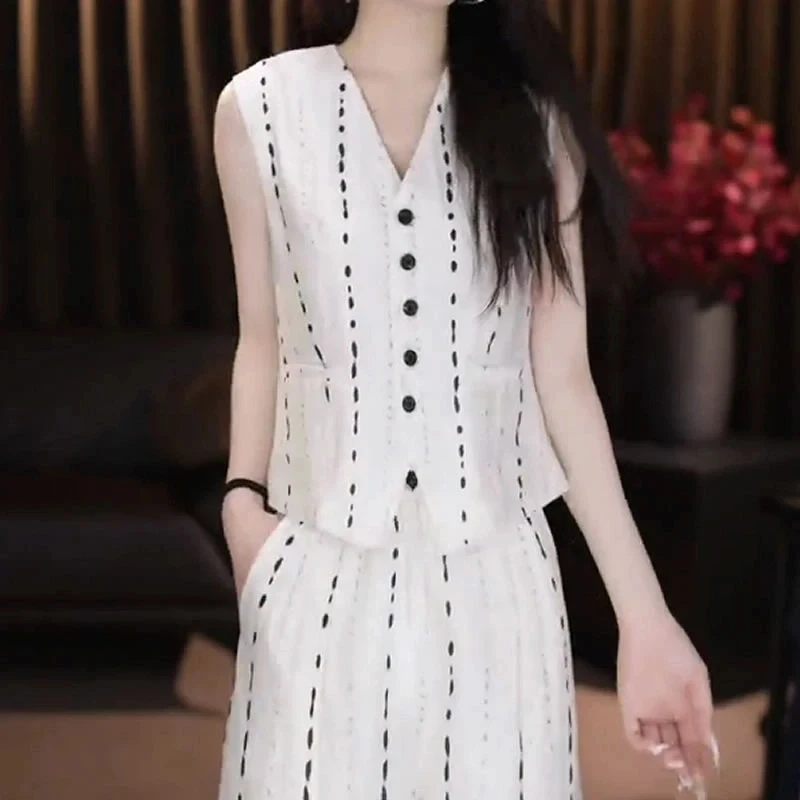 时尚韩版套装女2025夏季新款高级感条纹马甲显瘦两件套