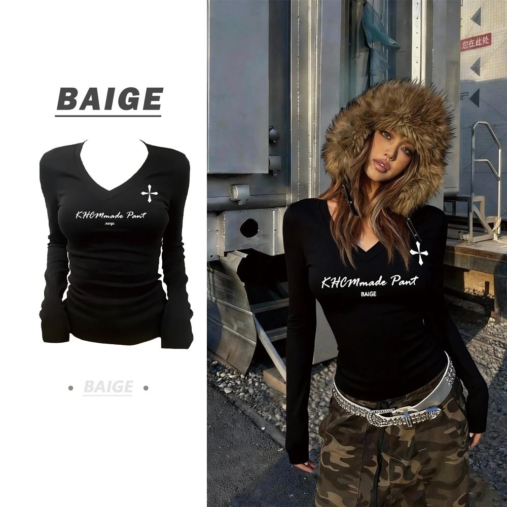 BAIGE V领透气打底衫T恤女辣妹风显瘦时尚印花长袖纯棉健身ins