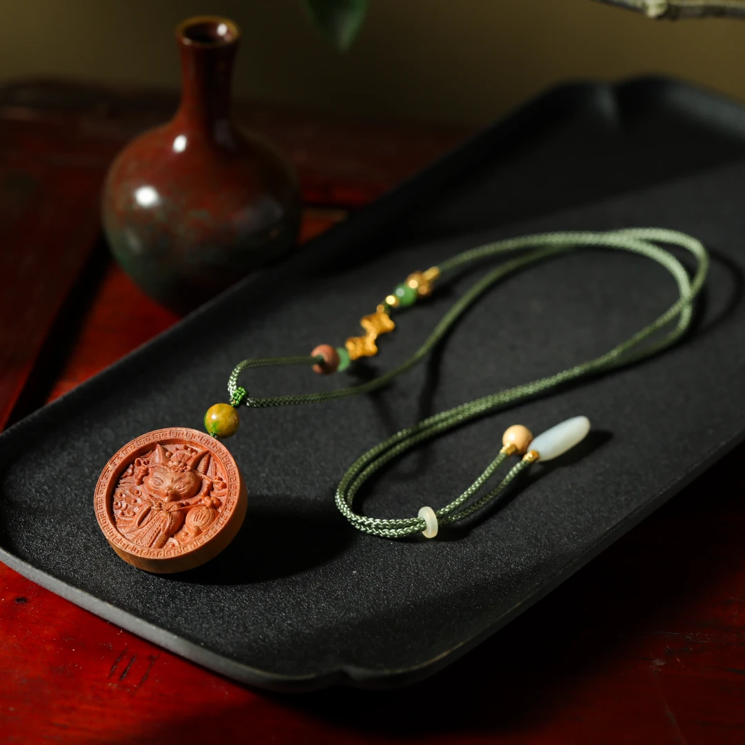 【意婵】精品天然老山檀精雕项链18K金翡翠和田玉-909177