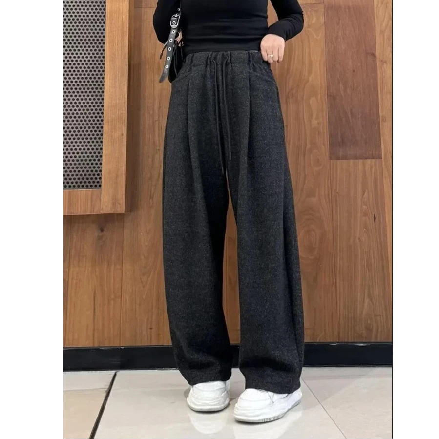 慵懒风云朵绒阔脚裤加绒加厚女秋冬新款宽松显瘦韩版高腰弯刀裤KA