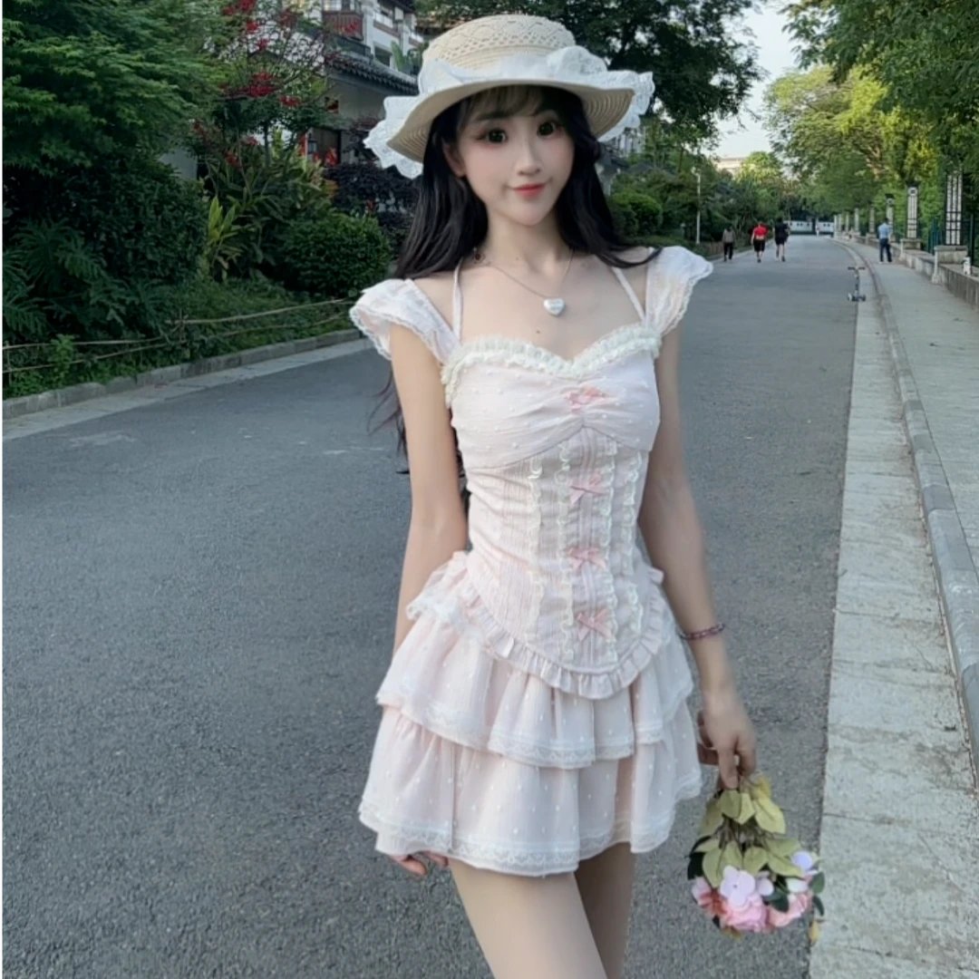 小个子穿搭夏季甜妹纯欲小飞袖上衣蛋糕半身短裙两件套装女