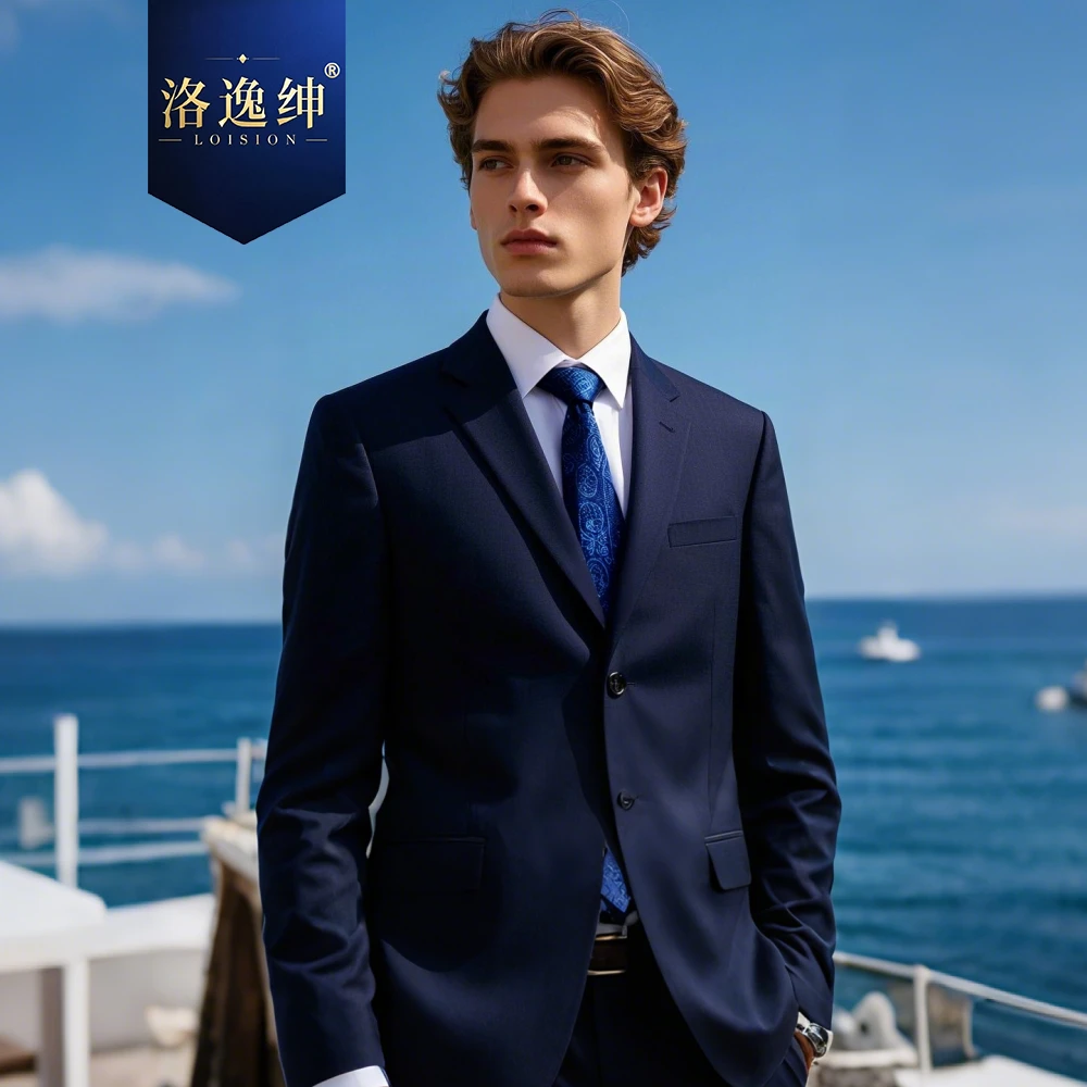 【100羊毛套装】藏青色男士西服半麻衬轻奢修身商务正装结婚