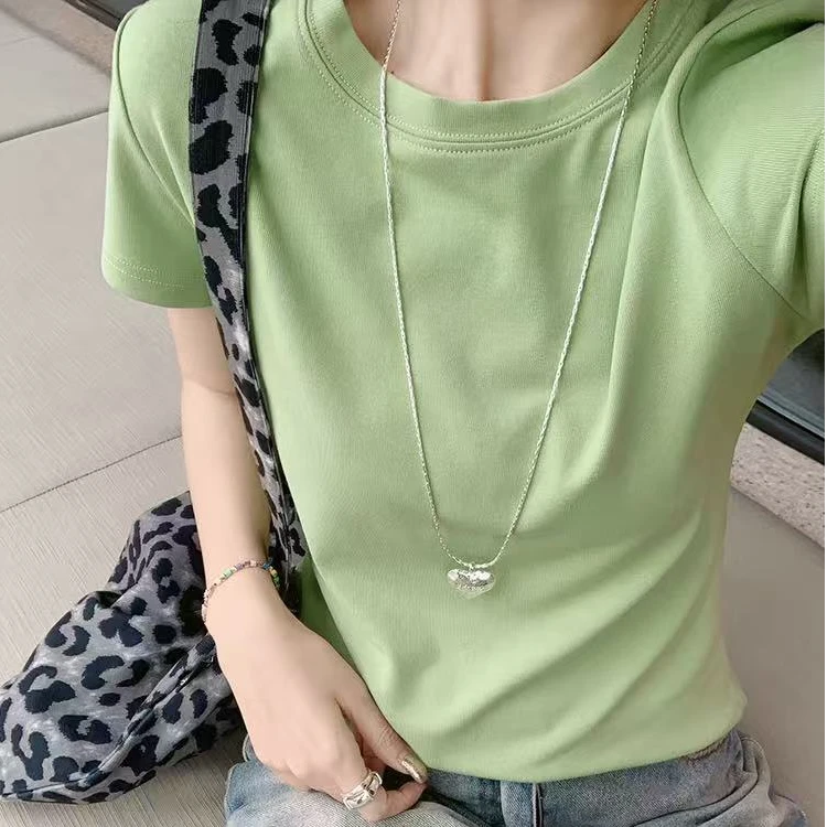 美洋MEIYANG 彩虹T 弹力螺纹棉_正肩显瘦基础百搭圆领修身短袖U