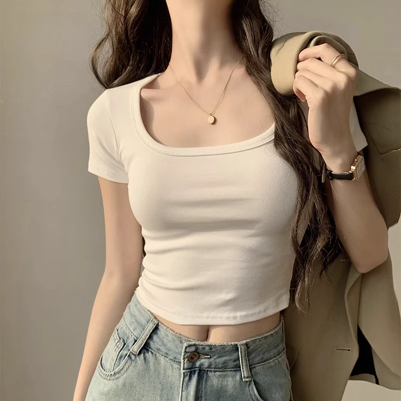 蓝色短袖t恤女夏季2025新款螺纹修身百搭纯色U领正肩齐腰短款上衣