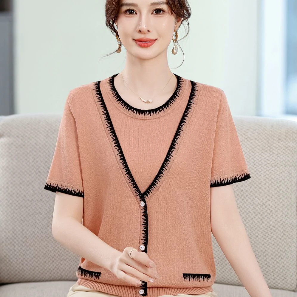 年轻妈妈夏装洋气冰丝小衫中老年女装夏季短袖t恤上衣服时尚女装