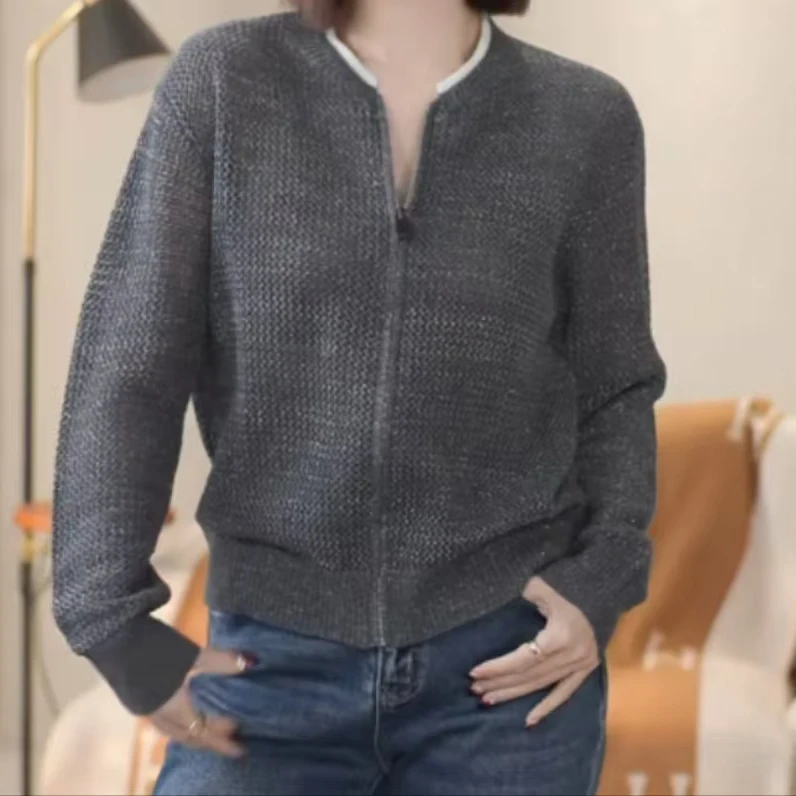 【25主播推荐】2024秋季新款针织衫时尚女休闲上衣长袖女简约灰色