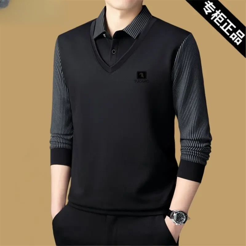 黑色秋季新款假两件长袖T恤上衣翻领中青年男装商务休闲Polo衫