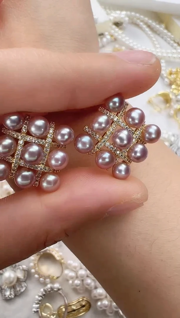 【闪购商品】淡水珍珠耳饰未镶嵌紫色棋盘