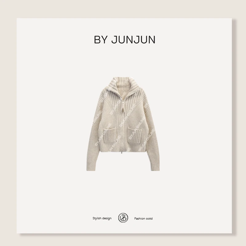 ByJunjun【杏子派】全羊毛不规则织法高领针织拉链外套
