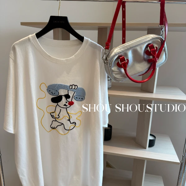 【瘦瘦】电话小狗-大码夏季圆领立体印花全棉可爱百搭短袖S01483