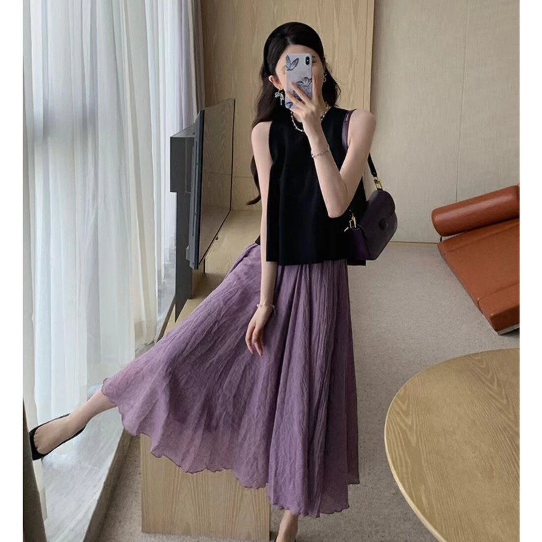 夏季新款时尚网红气质轻熟小个子穿搭黑色无袖上衣半身裙两件套装