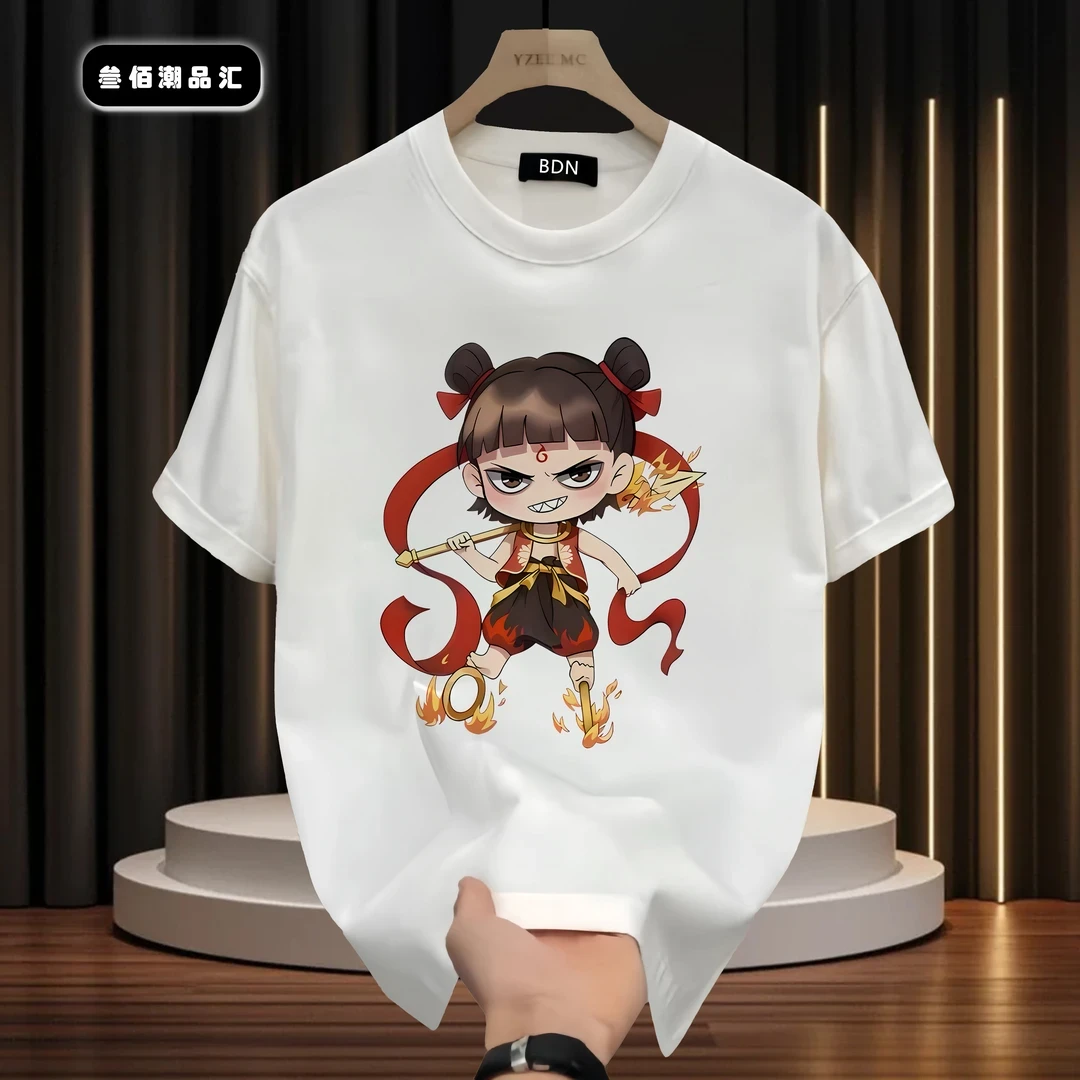 新款国潮男女同款短袖宽松时尚百搭T恤个性哪吒印花设计纯棉半袖