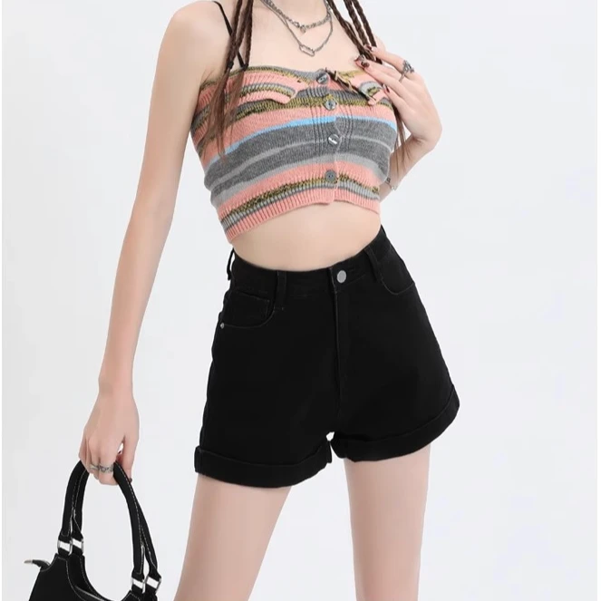黑色牛仔短裤女夏季薄款薄款高腰显瘦弹力a字女生辣妹卷边热裤