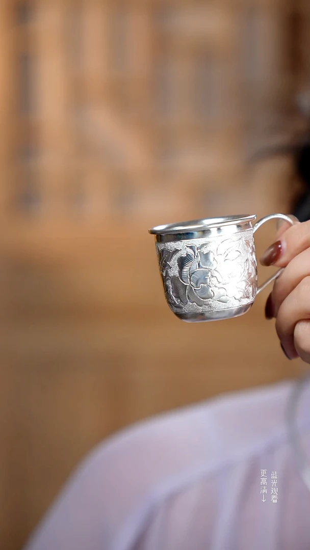 珐琅足银999牡丹花银水杯44.4克