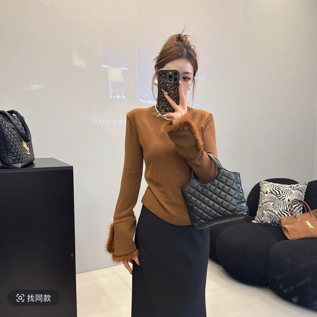 秋冬时尚新款开叉袖保暖百搭真毛打底加绒上衣TYX-082