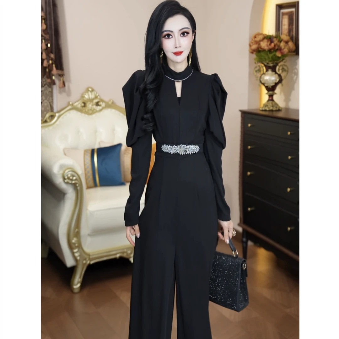 春季新款轻奢气质休闲复古阔腿百搭时尚高腰连体裤2505