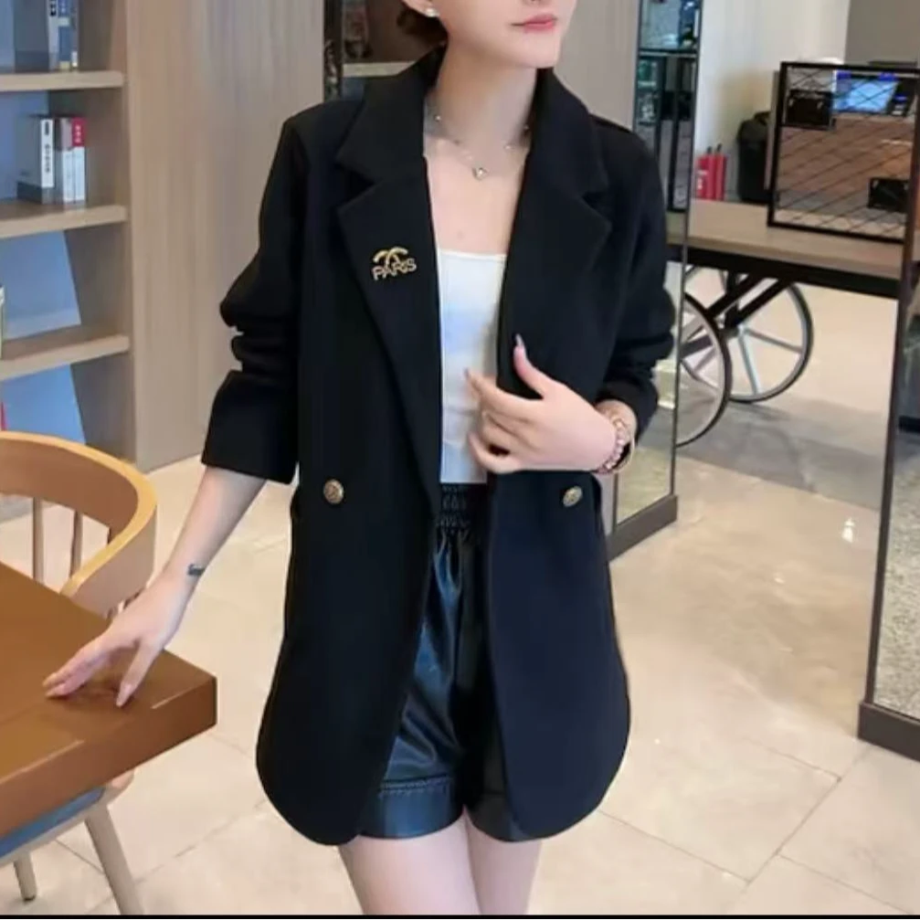 西装中长款纯色短款休闲百搭春季宽松春秋气质时尚ins黑色毛呢