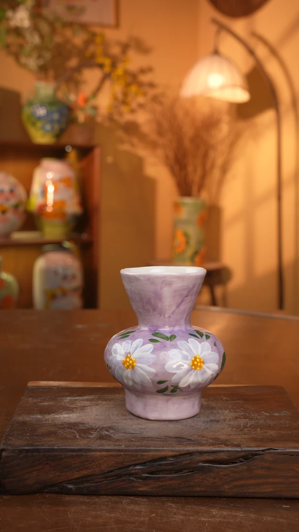 景德镇设计师款梦幻紫雏菊纯手工手绘花器陶瓷水养鲜花扎斗025
