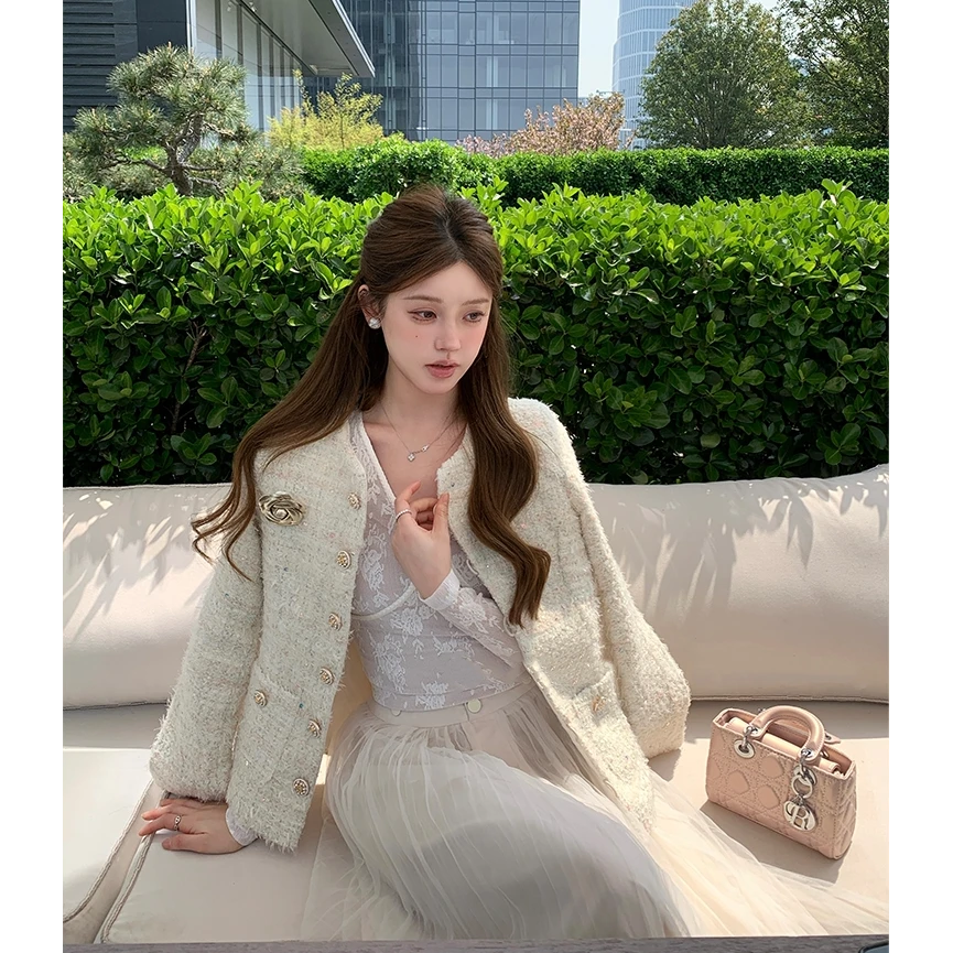 小香风套装女法式高级感名媛气质名媛粗花呢外套网纱a字裙两件套