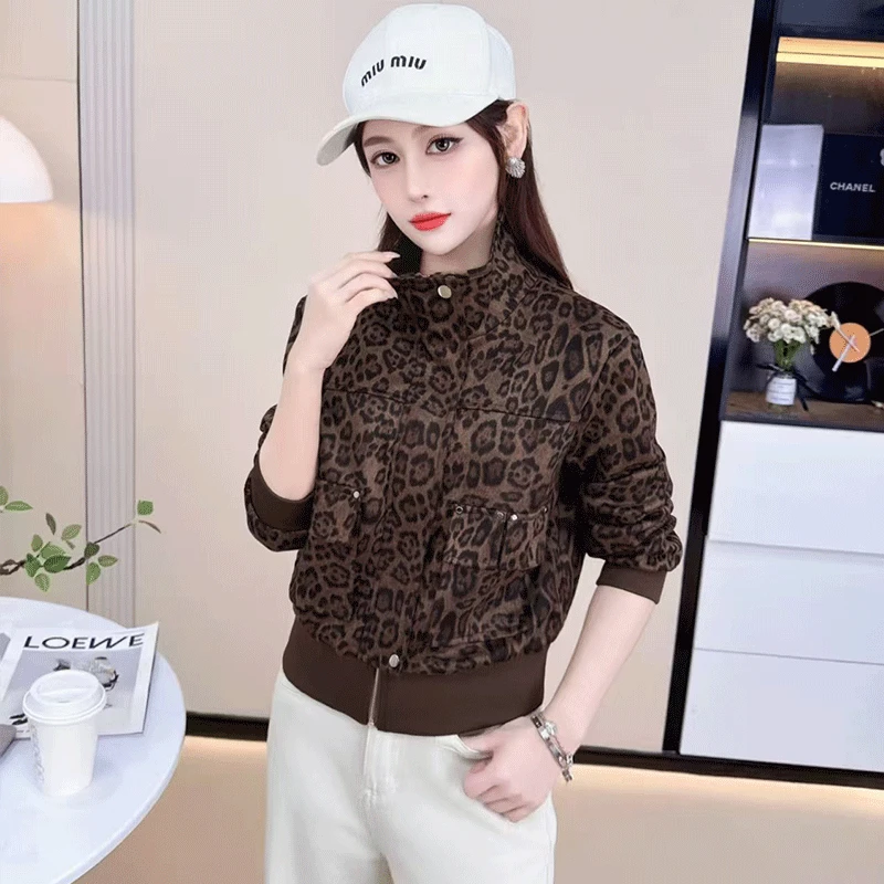 拉夏贝尔洋气时尚豹纹短外套女2025秋季新款宽松显瘦百搭夹克上衣