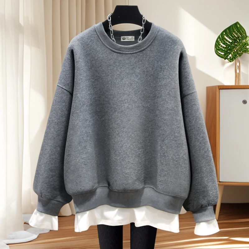 正品纯色爆款假两件卫衣女加绒2025新款可外穿精致打底圆领上衣潮