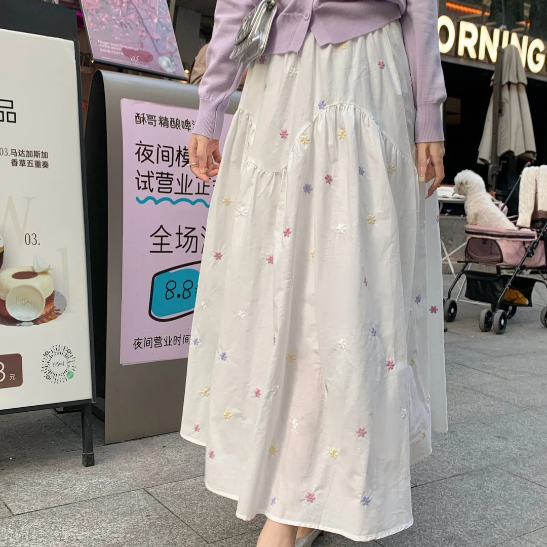 重工绣花百搭碎花高腰半身裙2025春夏新款气质宽松显瘦A字长裙子