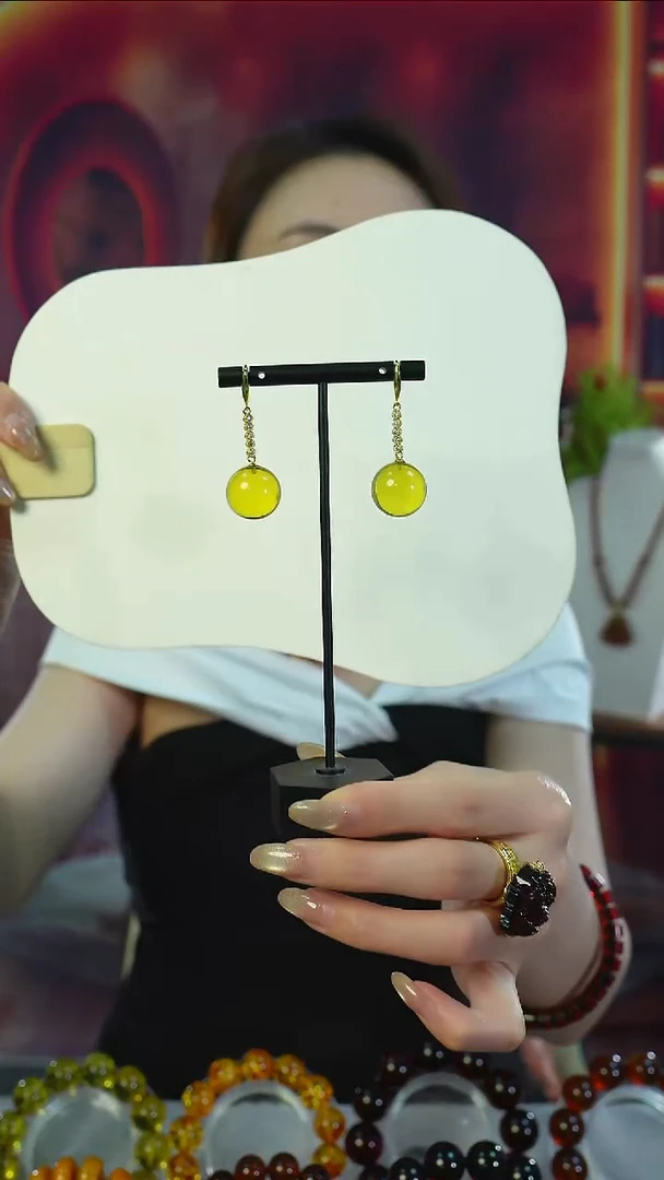 琥珀银S925镶嵌耳饰天然墨西哥蓝珀耳环 16mm+