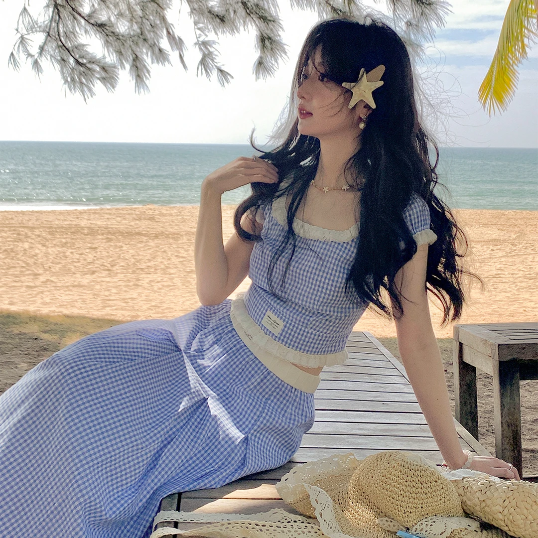 【蓝白织梦】套装拼色格子短袖/半裙/宽松字母T 清爽法式小套装~