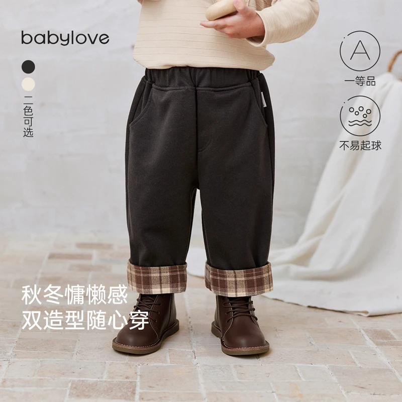 babylove婴童休闲裤宝宝慵懒百搭翻边长裤秋冬保暖毛呢复古直筒裤