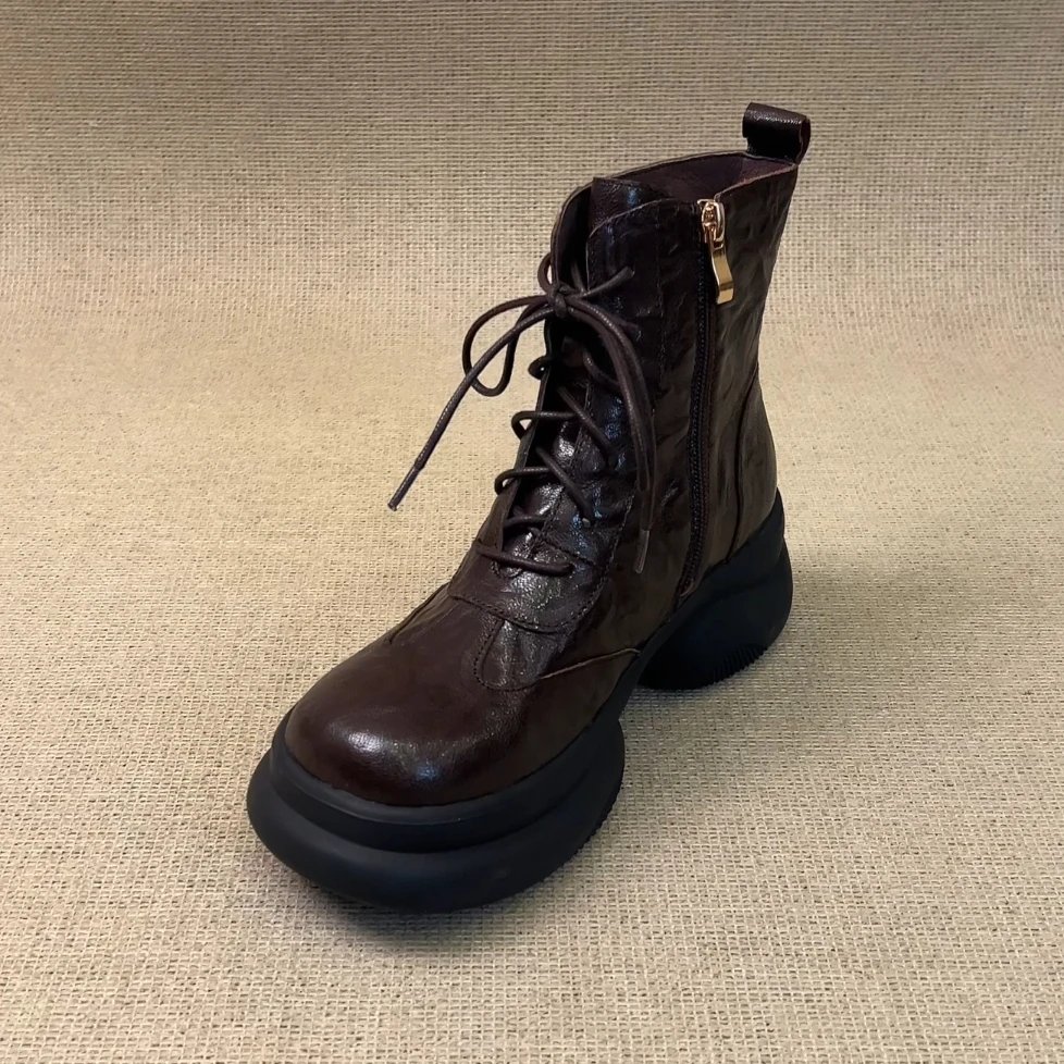 RubyL/6cm小个子简约通勤舒适百搭系带侧拉链圆头厚底马丁靴女款