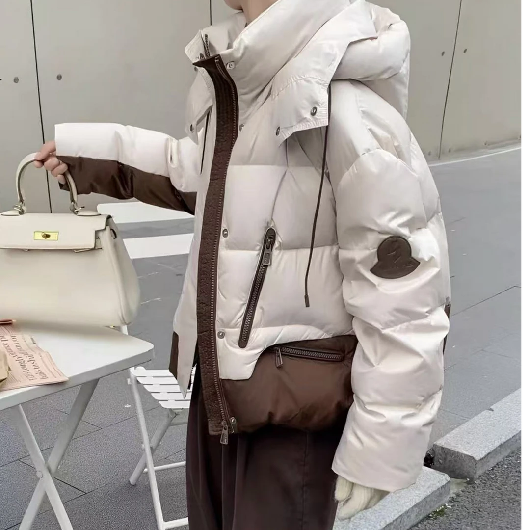 2867-3-DQ米白色拼色连帽短款外套