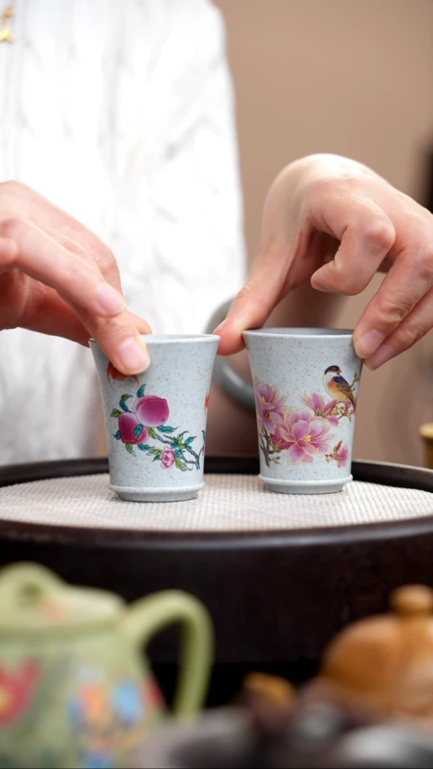 茶壶紫砂海蓝段闻香杯花鸟+桃子