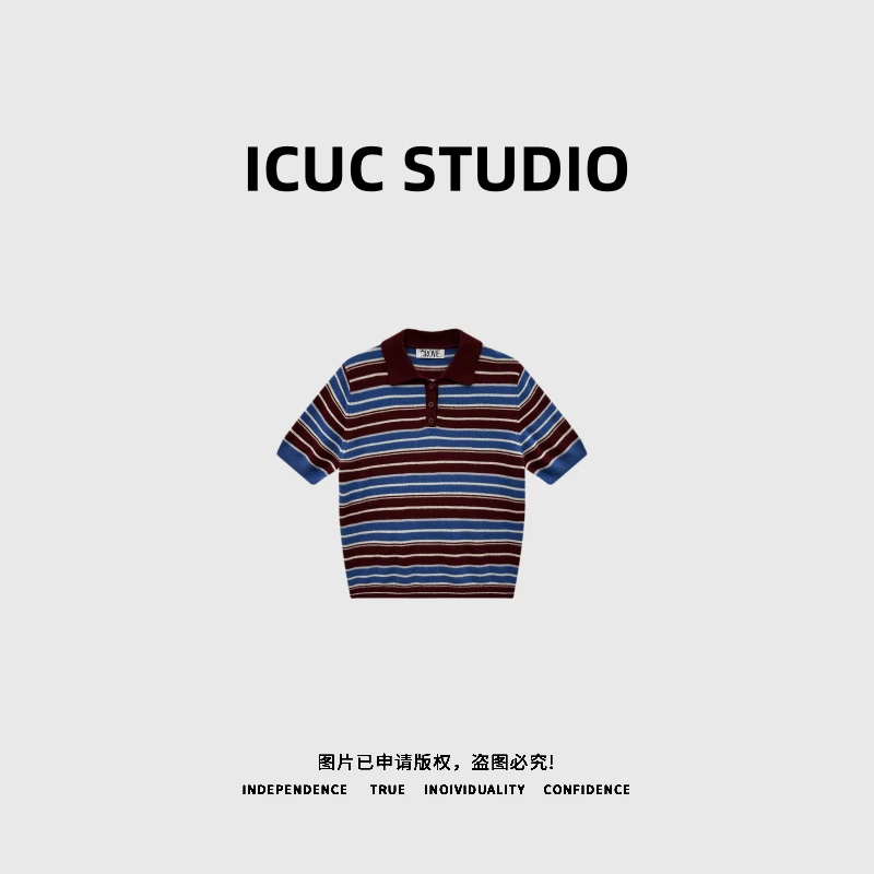ICUC STUDIO-【100%羊毛撞色条纹】琥珀流光风拼接条纹短袖毛衣2965