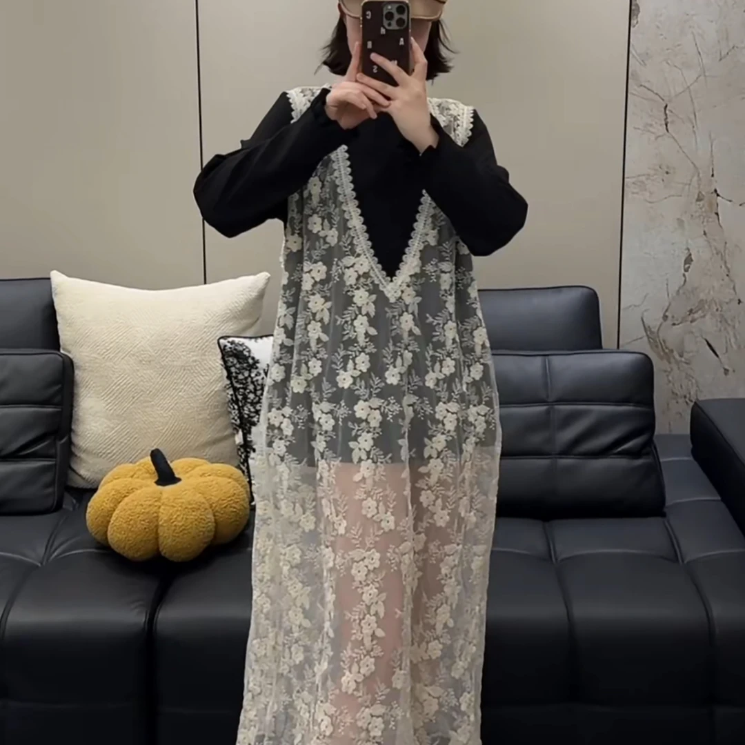 25春新款蕾丝背心长裙黑色打底两件套显瘦高级气质大码